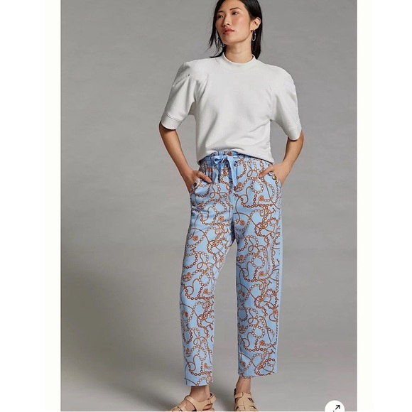 Anthropologie Maeve Kalle Track Pants Drawstring Waist Sky Blue Chain Print - Picture 4 of 13
